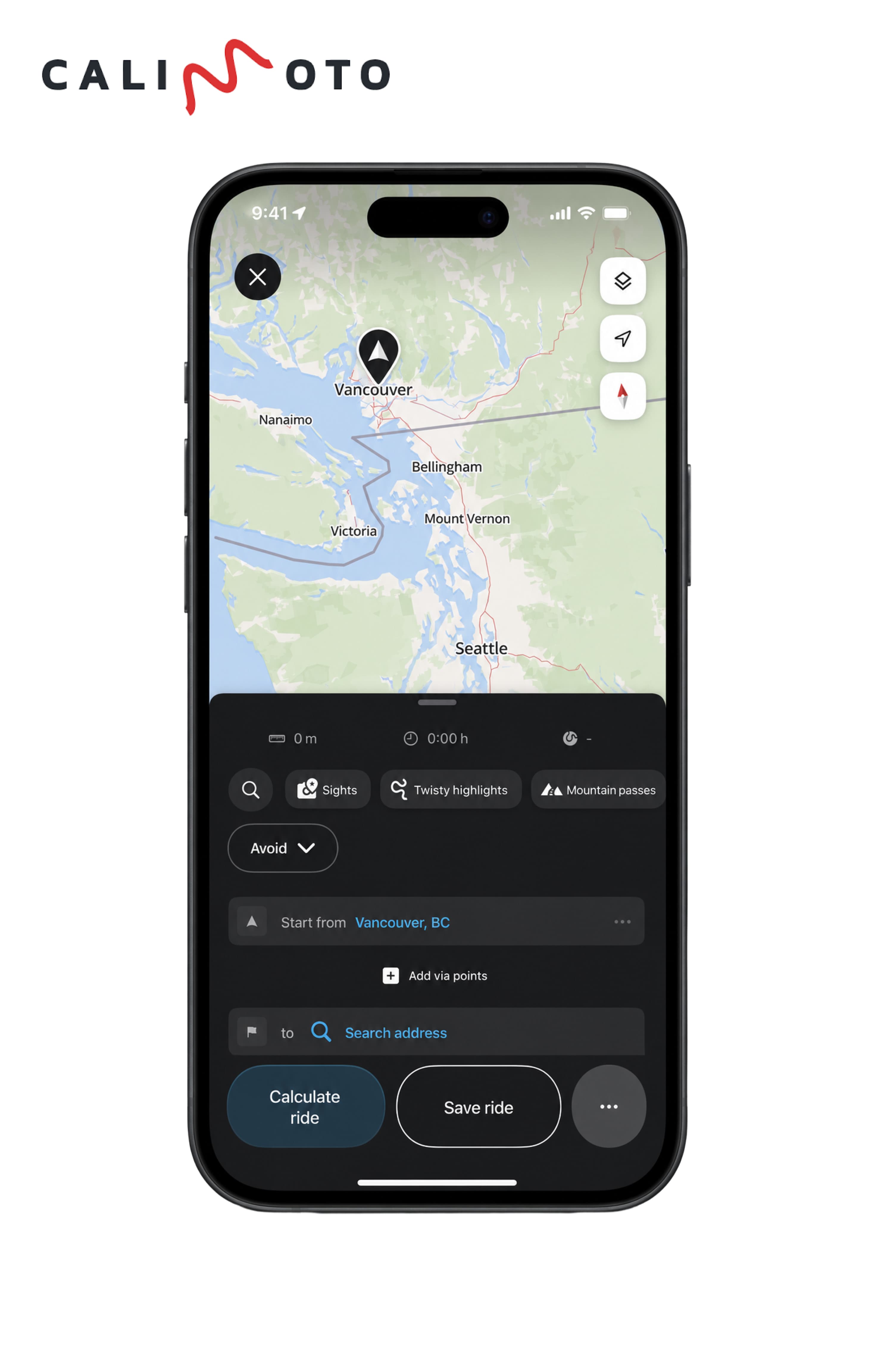 The calimoto app on a phone planning a ride from Vancouver, with filters for sights, twisty highlights and mountain passes above Calculate ride and Save ride buttons