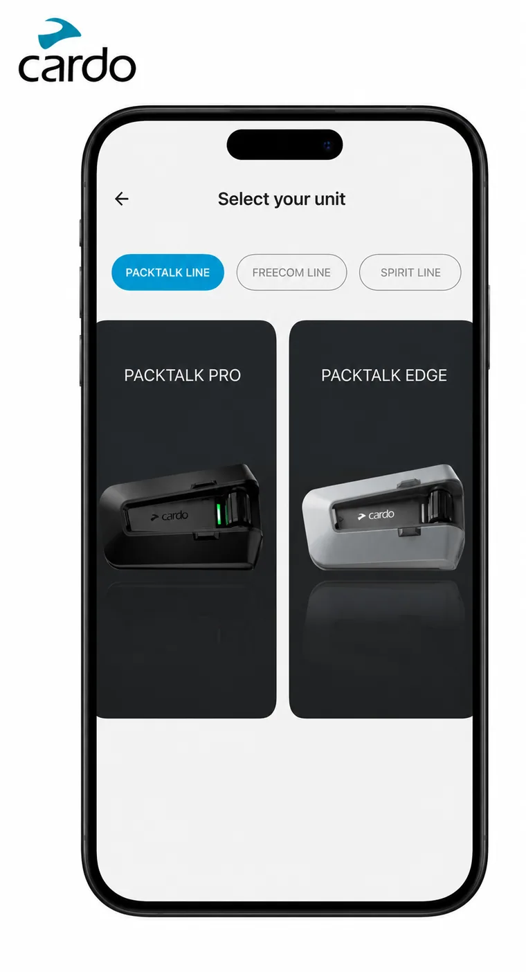 The Cardo Connect app on a phone showing headset unit selection between the Packtalk Pro and Packtalk Edge