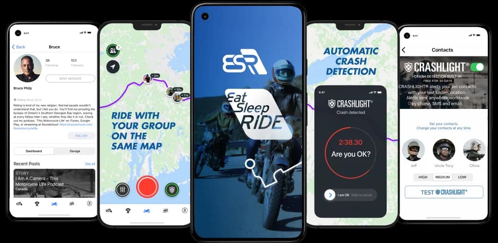 Four EatSleepRIDE app screens showing a rider profile, a shared group ride map, the automatic crash detection feature and a crash contacts list