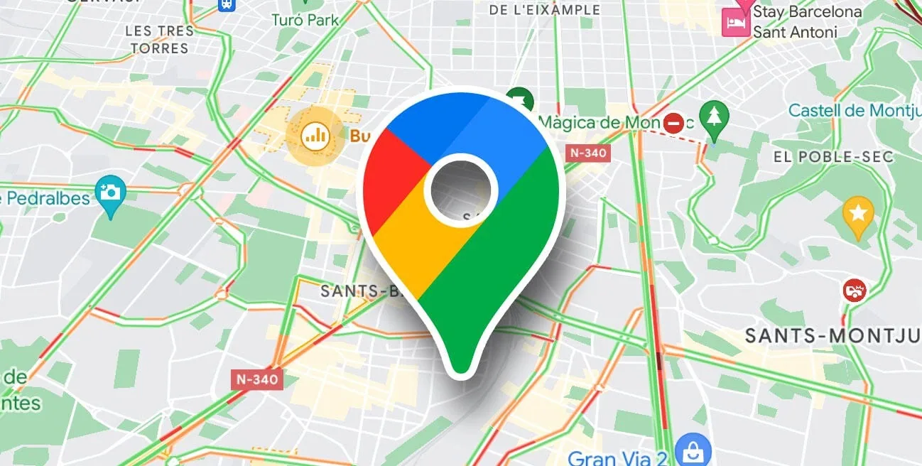 The Google Maps pin marker over a city map showing live traffic conditions colour-coded along each road