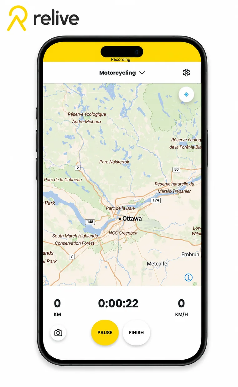 The Relive app recording a motorcycling activity on a phone, showing a map with distance, elapsed time and speed readouts
