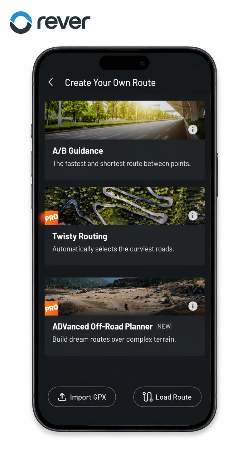 The REVER app's Create Your Own Route screen on a phone, showing A/B guidance, twisty routing and off-road route planning
