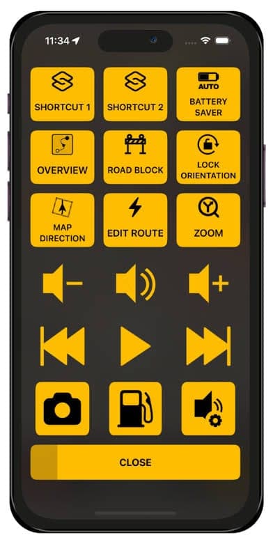 The Scenic app's ride control screen on a phone, with large yellow buttons for shortcuts, overview, road block, lock orientation, map direction, edit route and zoom