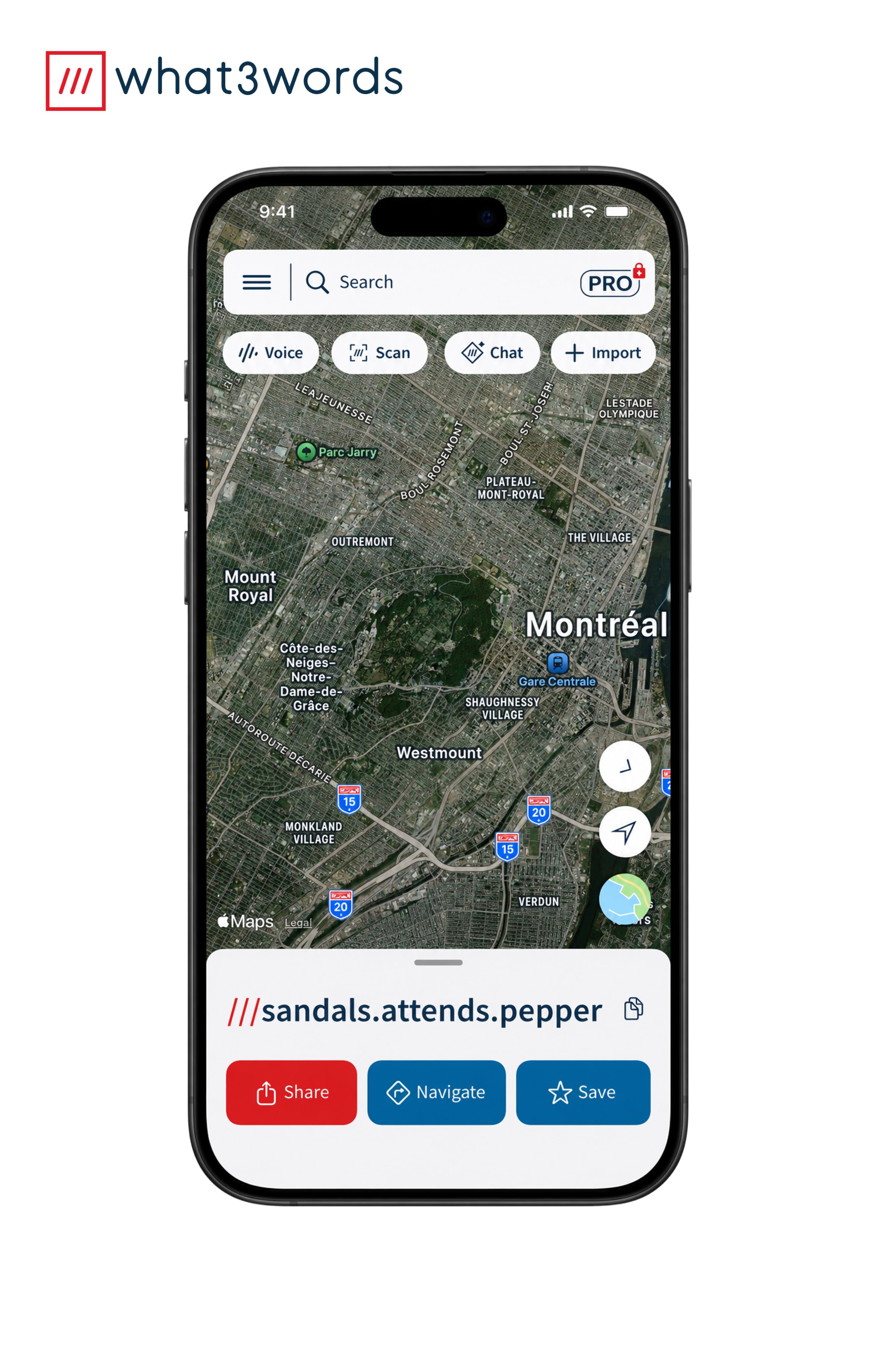 The what3words app on a phone showing a map of Montreal with the three-word address sandals.attends.pepper and share, navigate and save buttons