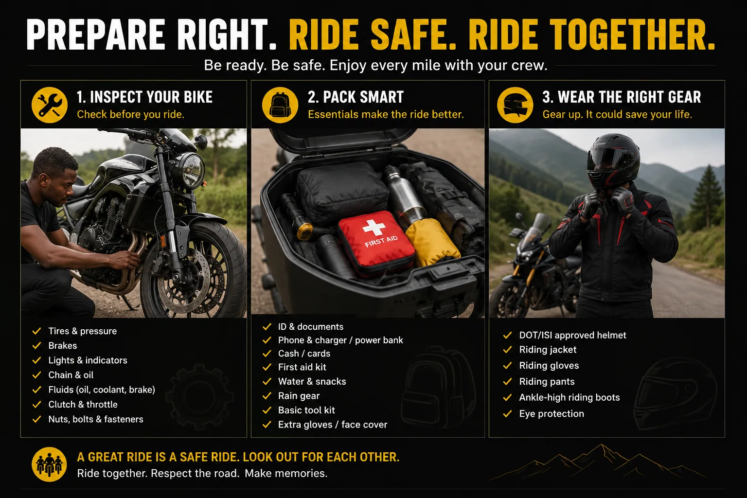Three-panel ride preparation infographic titled Prepare Right, Ride Safe, Ride Together: inspect your bike (tires, brakes, lights, chain, fluids, clutch, fasteners), pack smart (documents, phone and charger, cash, first aid kit, water, rain gear, tools), and wear the right gear (approved helmet, jacket, gloves, pants, boots, eye protection)