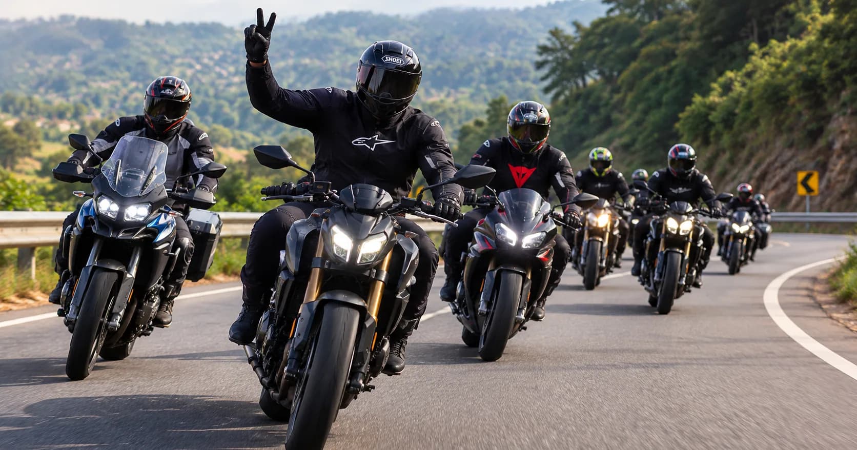 A group of riders in staggered formation on a mountain road, the lead rider giving the two-finger salute