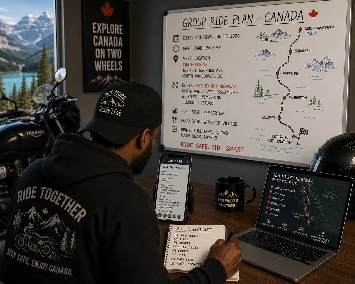 A ride organizer at a desk planning a group ride, with a whiteboard listing the date, meet time, meeting location, route, fuel stop and food stop alongside a hand-drawn route map