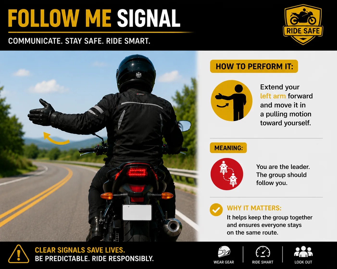 Rider demonstrating the follow me signal by extending their left arm forward in a pulling motion