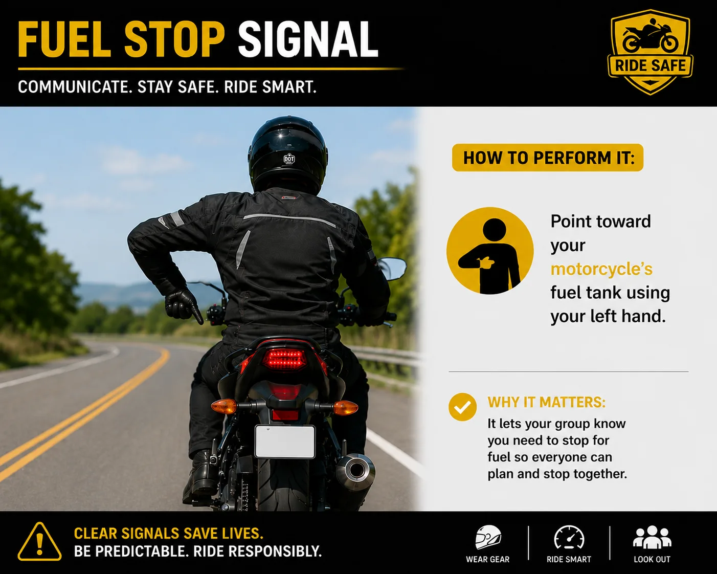 Rider demonstrating the fuel stop signal by pointing toward the motorcycle's fuel tank with their left hand