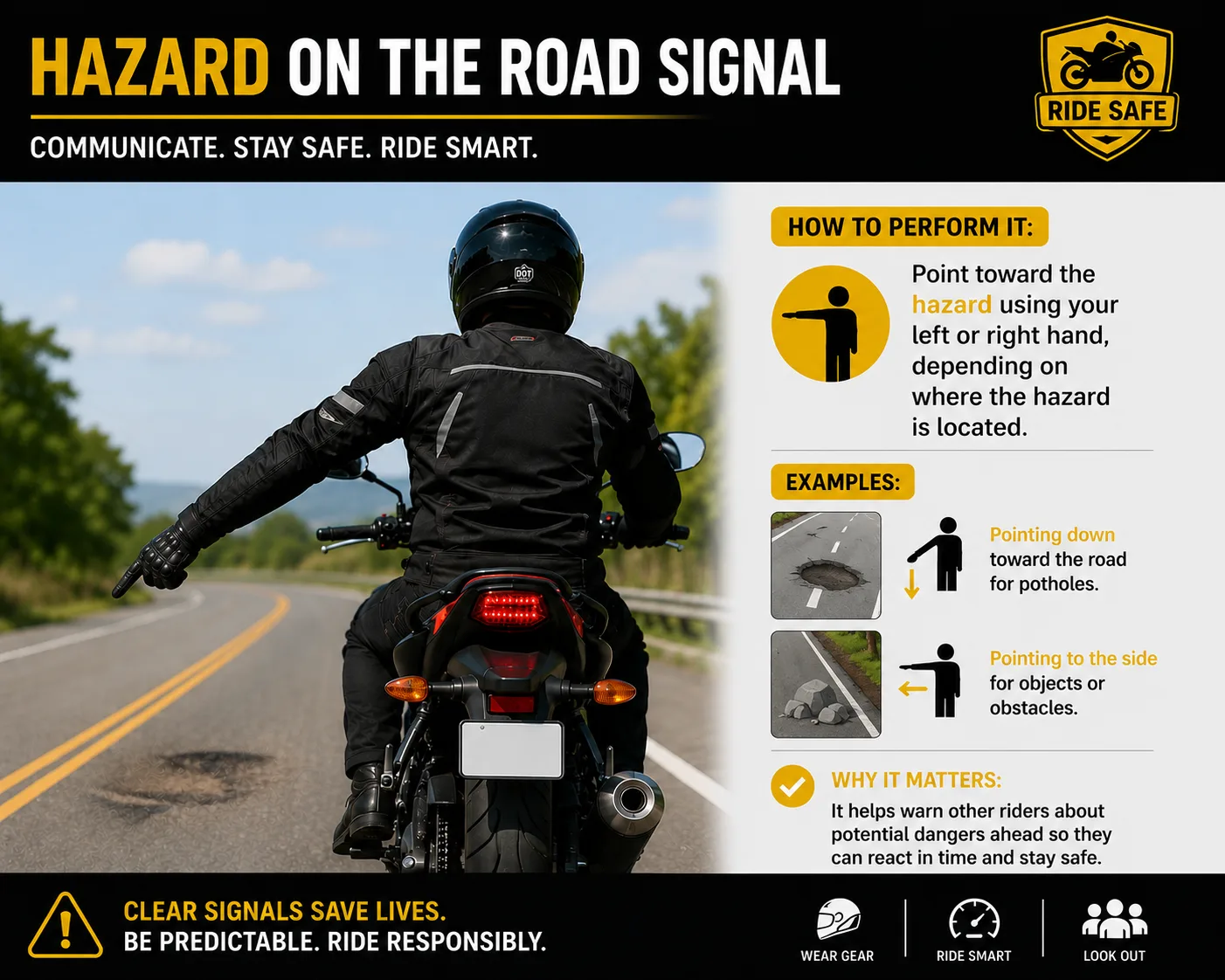 Rider demonstrating the hazard signal by pointing toward an obstacle on the road surface