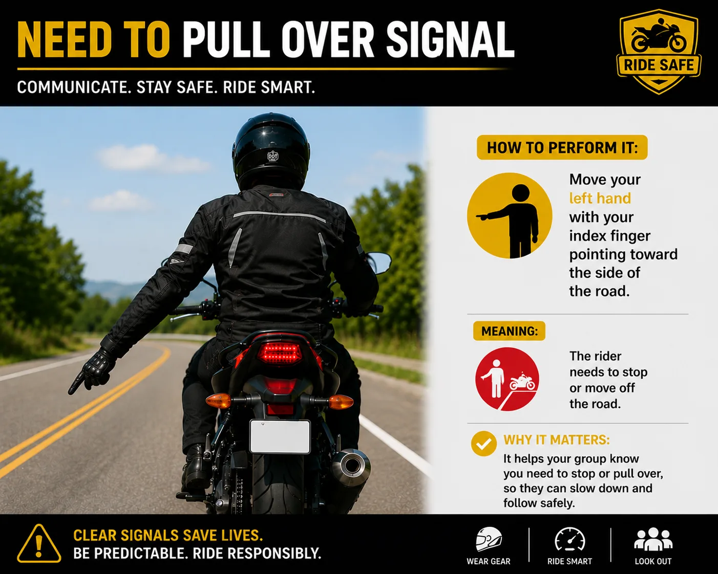 Rider demonstrating the pull over signal by pointing their left index finger toward the side of the road