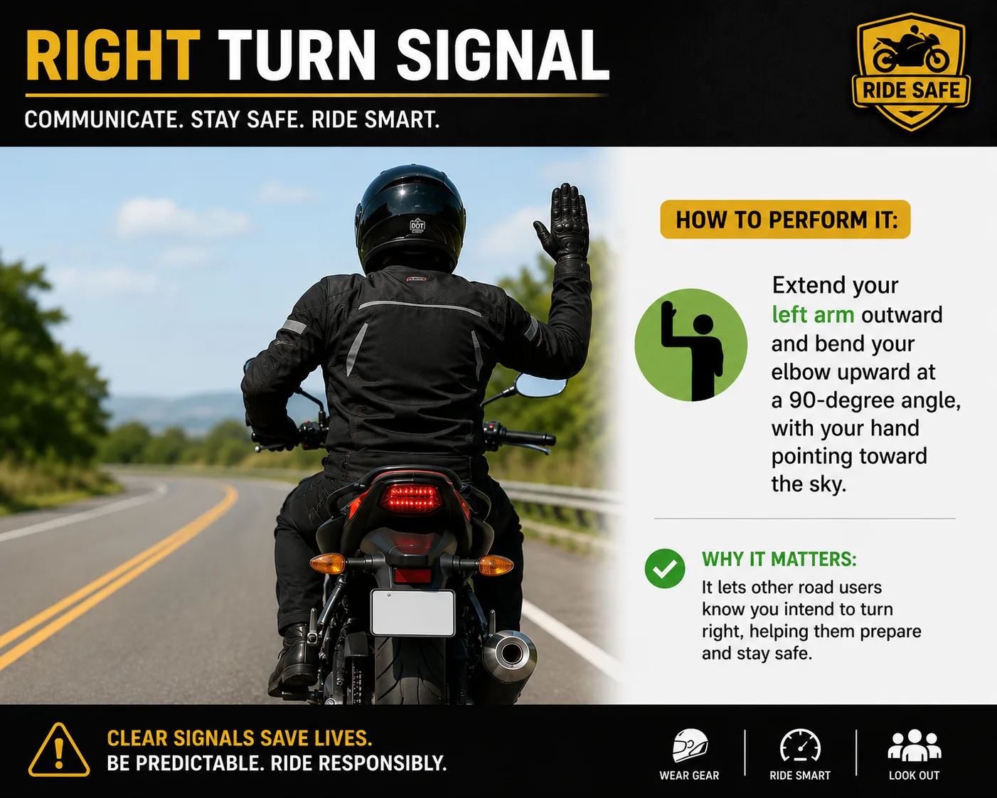 Rider demonstrating the right turn signal by extending their left arm outward with the elbow bent upward at ninety degrees