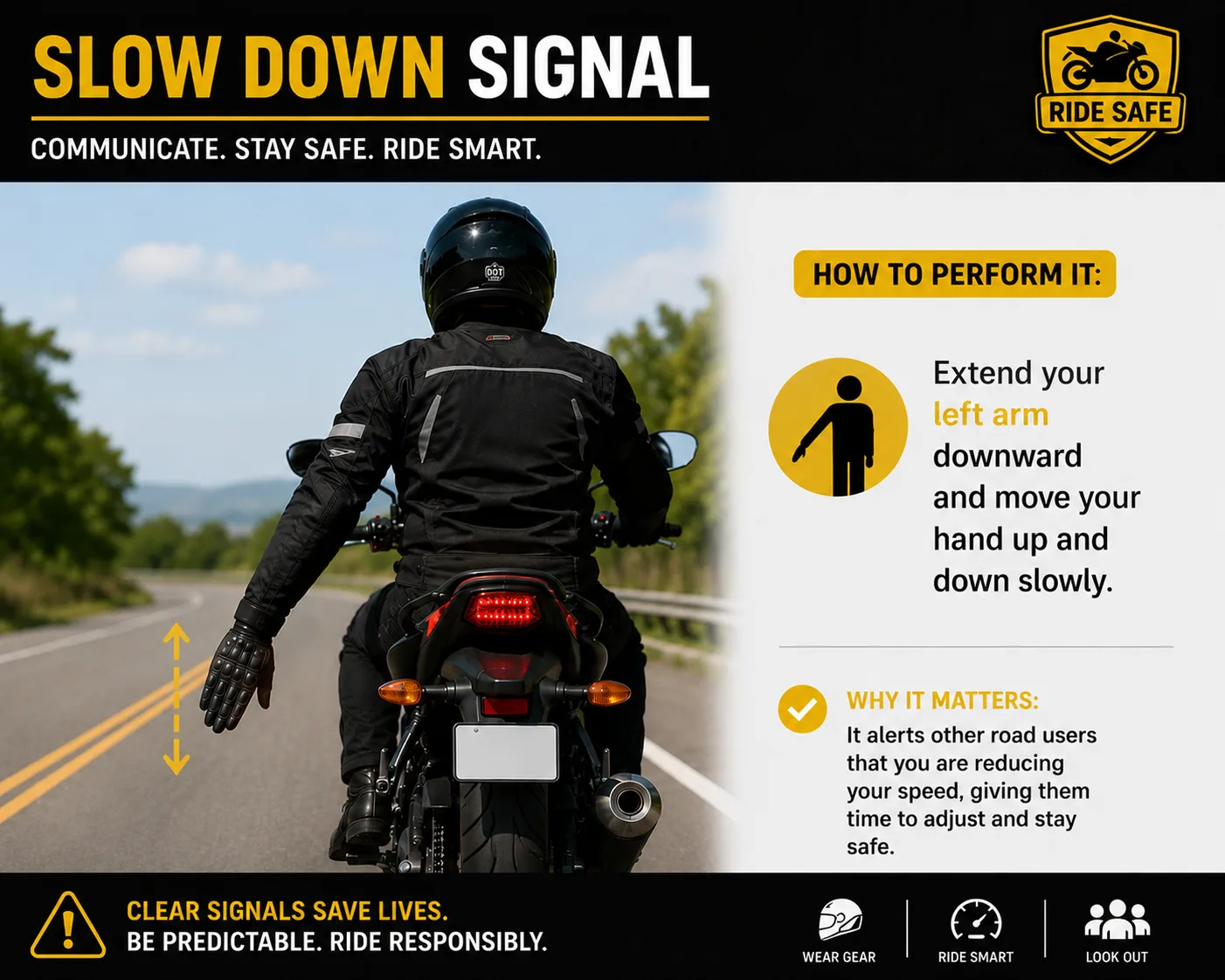 Rider demonstrating the slow down signal by extending their left arm downward and moving the hand up and down