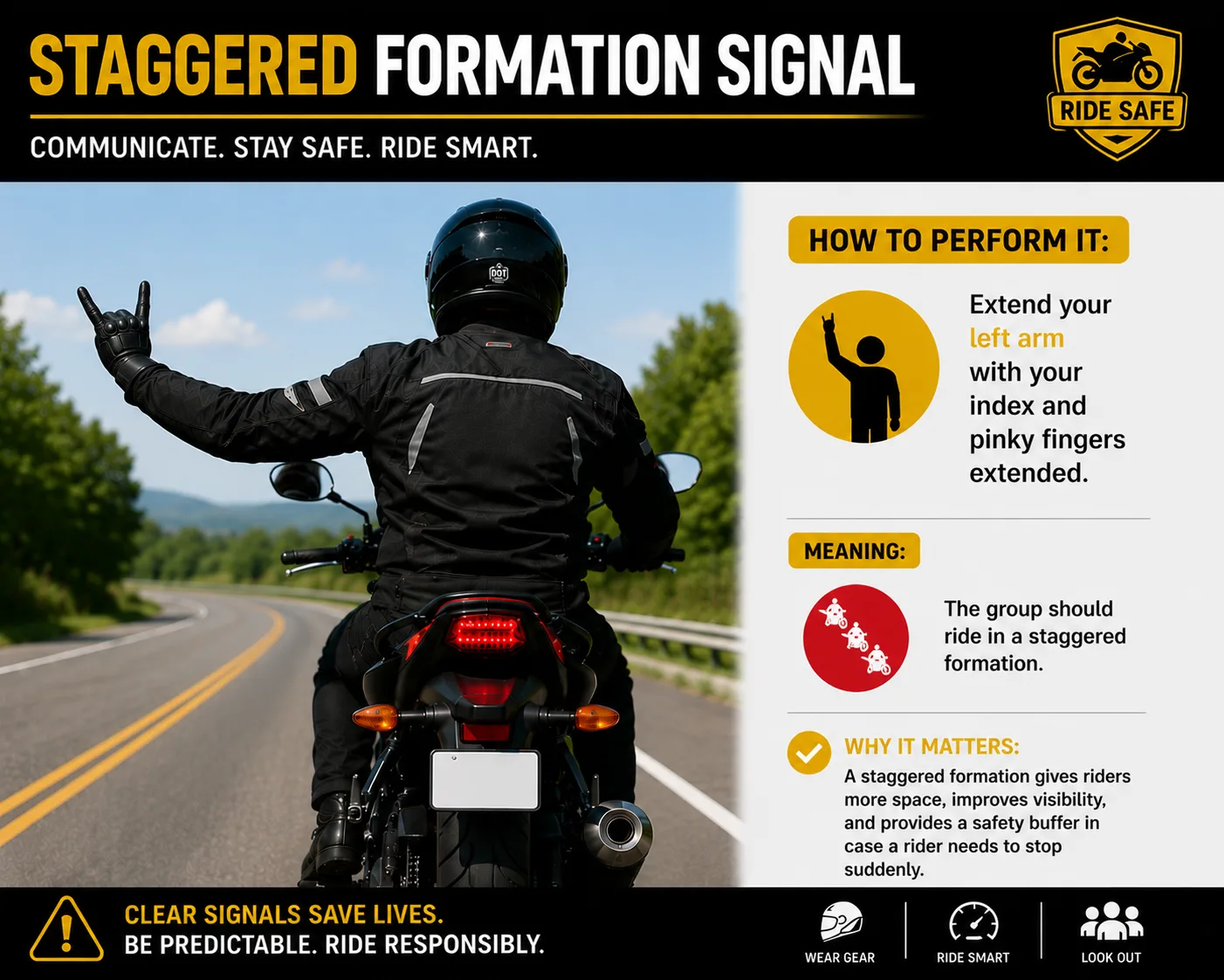 Rider demonstrating the staggered formation signal by extending their left arm with the index and pinky fingers extended