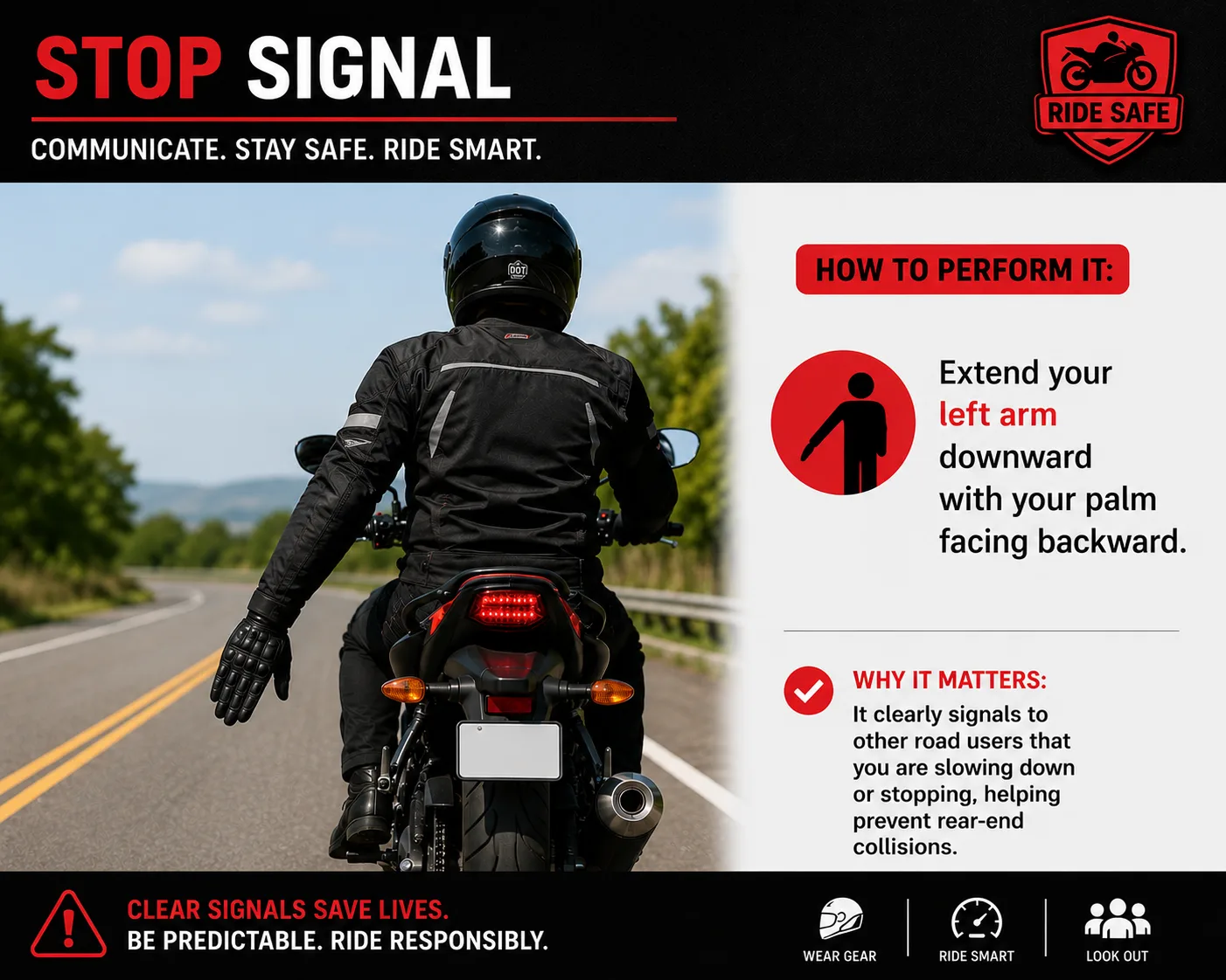 Rider demonstrating the stop signal by extending their left arm downward with the palm facing backward