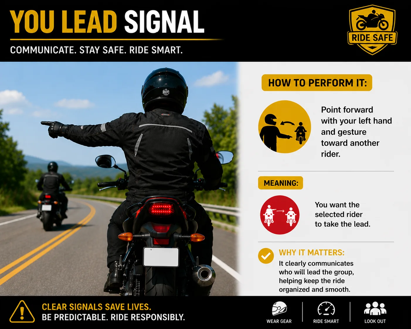 Rider demonstrating the you lead signal by pointing forward and gesturing toward another rider