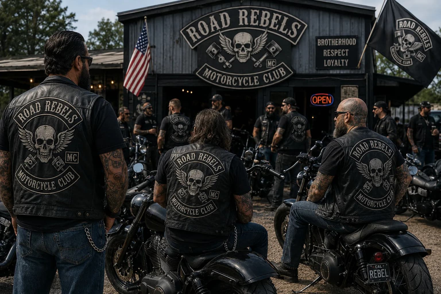 Members of a motorcycle club in matching patched vests gathered with their bikes outside a clubhouse displaying the words brotherhood, respect and loyalty